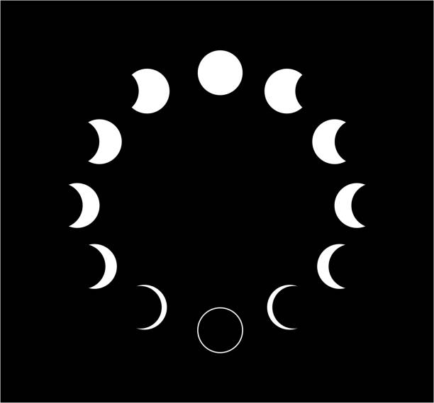 ilustraciones, imágenes clip art, dibujos animados e iconos de stock de icono de fases lunares sobre fondo negro. ilustración vectorial - luna