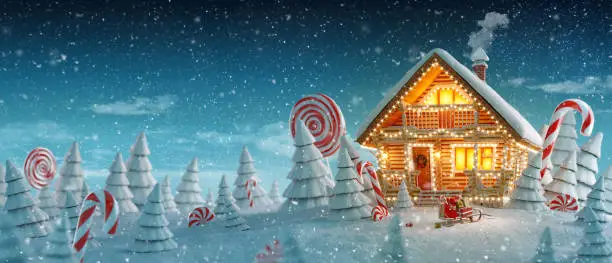 Amazing log house decorated of Christmas lights in magical forest with cartoon spruces and candy canes. Unusual Christmas 3d illustration postcard