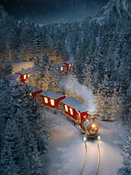 Amazing cute christmas train Amazing cute christmas train goes through fantastic winter forest in north pole. Unusual christmas 3d illustration locomotive photos stock pictures, royalty-free photos & images
