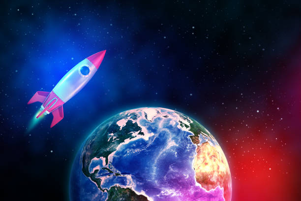 istock 3d rendering of toy space rocket in space flying over the planet Earth. 1179114993