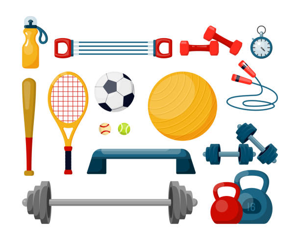 Sport equipment flat vector illustrations set. Fitness Sport equipment flat vector illustrations set. Fitness and soccer balls, stopwatch. Active recreation, bodybuilding accessories, gym items pack. Baseball bat, tennis racket, water bottle and dumbbells exercise equipment stock illustrations