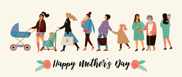 dzień szczęśliwych matek. ilustracja wektorowa z kobietami i dziećmi. - mother baby carriage women walking stock illustrations