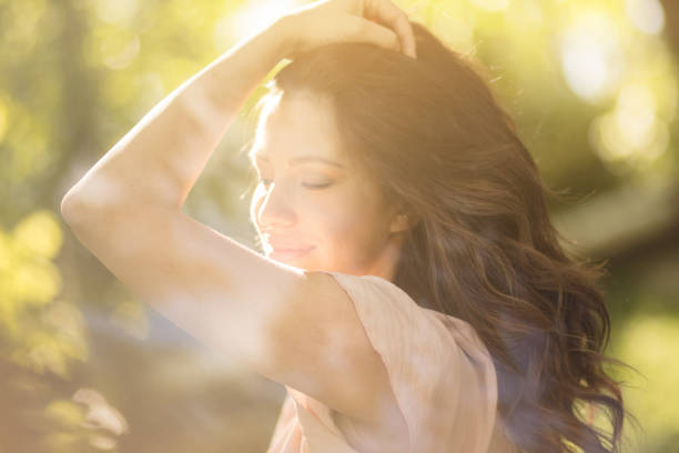 Find your happy place. Beauty woman in nature.