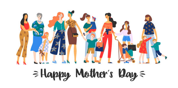 Happy Mothers Day. Vector illustration with women and children. Happy Mothers Day. Vector illustration with women and children. Design element for card, poster, banner, and other use. vector love care old stock illustrations