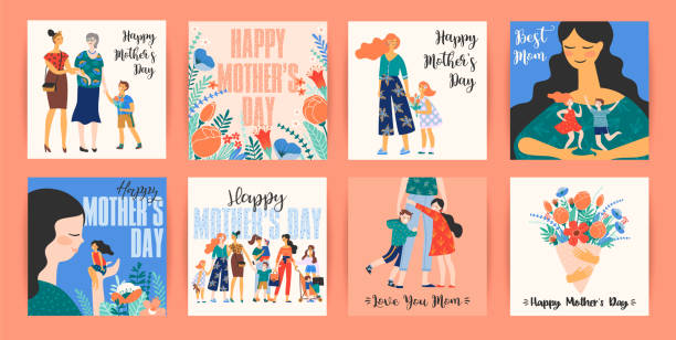 Happy Mothers Day. Vector templates with women and children. Happy Mothers Day. Vector templates with women and children. Design element for card, poster, banner, and other use. mother drawings stock illustrations