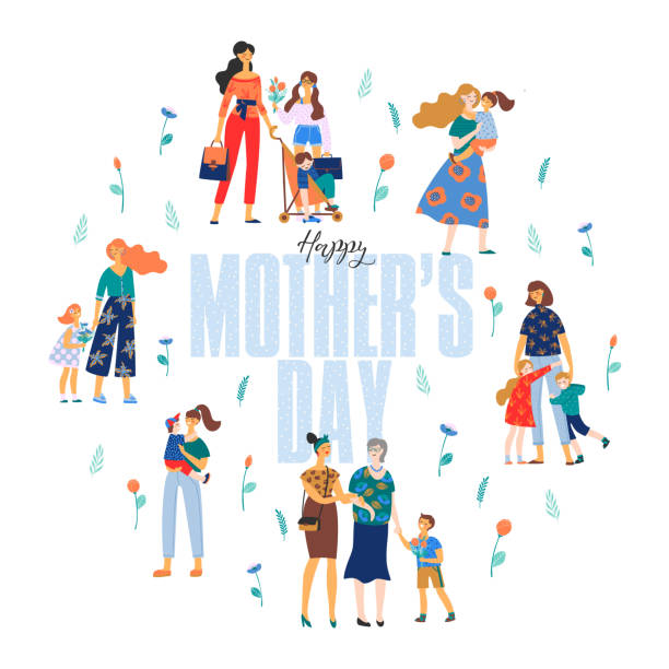 illustrations, cliparts, dessins animés et icônes de bonne fête des mères. illustration de vecteur avec des femmes et des enfants. - mother baby carriage women walking