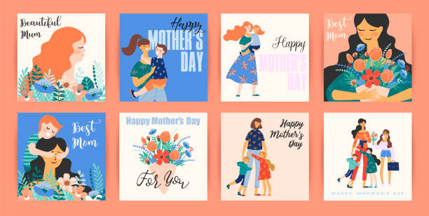dzień szczęśliwych matek. szablony wektorowe z kobietami i dziećmi. - mother baby carriage women walking stock illustrations