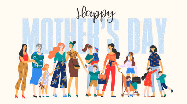 Happy Mothers Day. Vector illustration with women and children. Happy Mothers Day. Vector illustration with women and children. Design element for card, poster, banner, and other use. group of babies stock illustrations