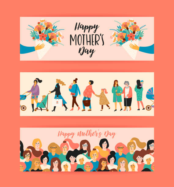 illustrations, cliparts, dessins animés et icônes de bonne fête des mères. modèles vectoriels. - mother baby carriage women walking