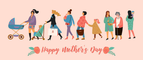 dzień szczęśliwych matek. ilustracja wektorowa z kobietami i dziećmi. - mother baby carriage women walking stock illustrations