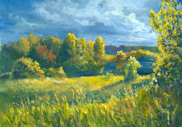 유화의 가을 풍경 - watercolor painting paintings landscape tree stock illustrations