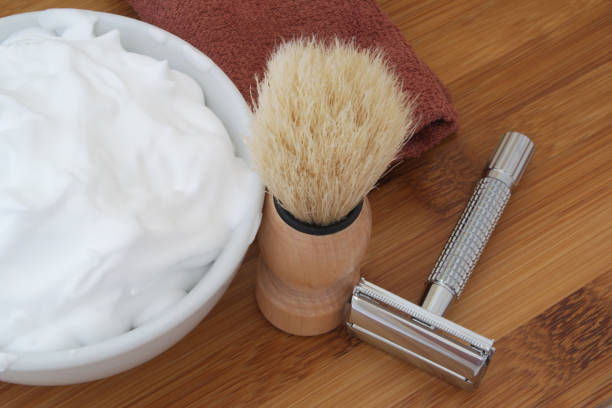 istock Shaving accessories on wooden background. 1179120448