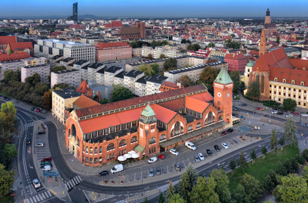 Aerial view of historic Wroclaw Market Hall (Hala Targowa) designed by Richard Pluddemann and built between 1906-08