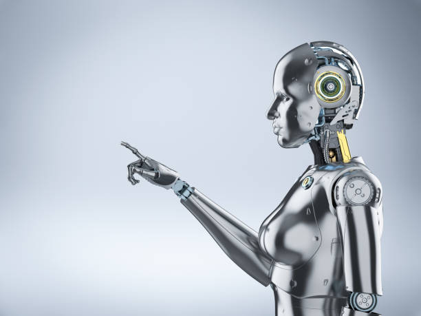 istock Female cyborg or robot finger point 1179124837
