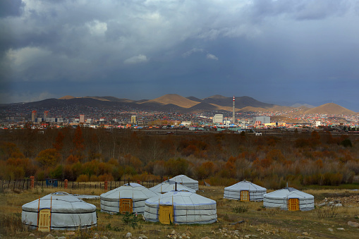 The yurt and mountain from outside the town of Ulaanbaatar, Mongolia