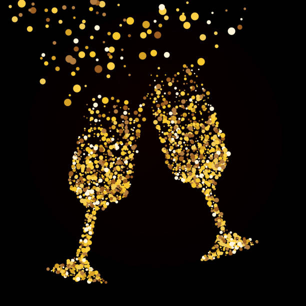 Golden glass with champagne. A black background. Golden glass with champagne. Glitter isolated on black background. champagne bubbles stock illustrations