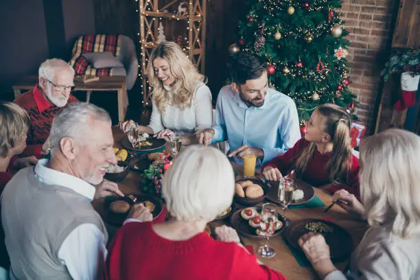 Photo of family having met gathered to celebrate new year x-mas with grandchildren grandparents speaking son and daughter sitting husband wife enjoying fest decorated tree behind