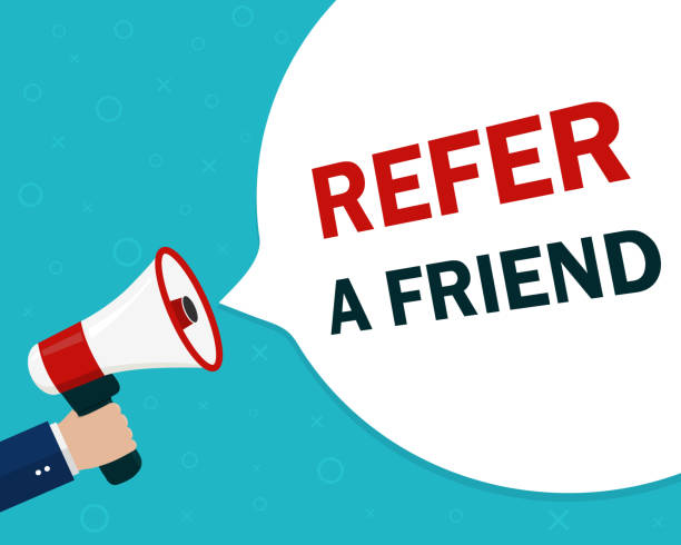 istock Refer friend loudspeaker poster.Referral program with hand, megaphone for suggestion, recommend banner.Refer friend illustration for advertising customer.Attention speech of referral program.vector 1179132217