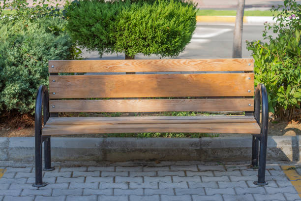 istock Wooden park bench amid road and green trees. 1179136412
