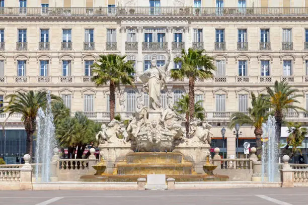 The Fontaine de la Fédération (English: Federation Fountain) on the Place de la Liberté (English: Freedom Square). It is the main square in downtown Toulon. Created in 1852 by the architect Gaudensi Allar and his brother, the sculptor André-Joseph Allar.
