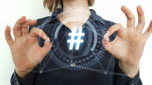 businessman on blurred background using hashtag interface - facebook social gathering log on communication imagens e fotografias de stock