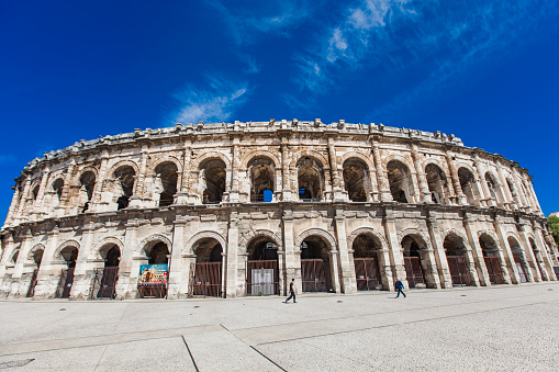 Arena of Nimes, Roman amphitheater in Nimes, France. Arena was built  around AD 70, and remodelled in 1863 to serve as a bullring.