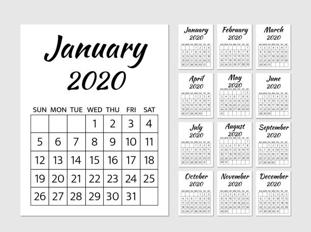 kalender 2020 woche beginnt am sonntag. wandkalender typografie poster. minimalistisches design monatliche planer vorlage. vektorsatz von 12 seiten. schreibwaren für bildung, büro und planung einer routine. - june calendar page personal organizer stock-grafiken, -clipart, -cartoons und -symbole