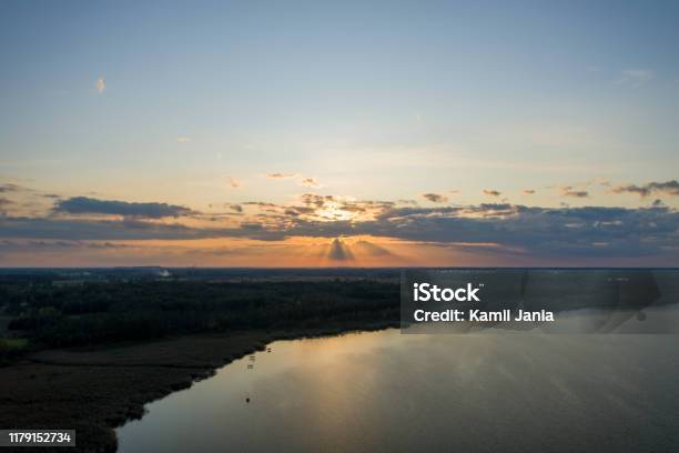 Hrd Sunset At Lake Aerial Dji Mavic 2 Pro Stock Photo - Download Image Now - Backgrounds, Beach, Beauty