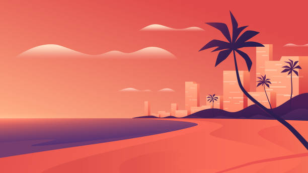 illustrations, cliparts, dessins animés et icônes de ville de ressource côtière au coucher du soleil vif sur la plage d'océan. illustration de vecteur - plage