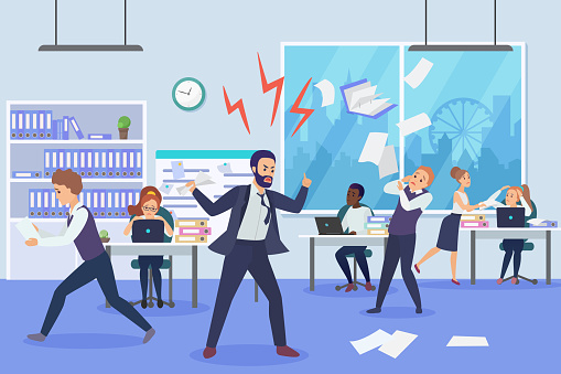 Angry Boss In Office Flat Vector Illustration Frightened Employees Shocked  By Furious Top Manager Cartoon Characters Stressful Working Environment  Concept Missing Deadlines Finding Guilty Workers Stock Illustration -  Download Image Now - iStock