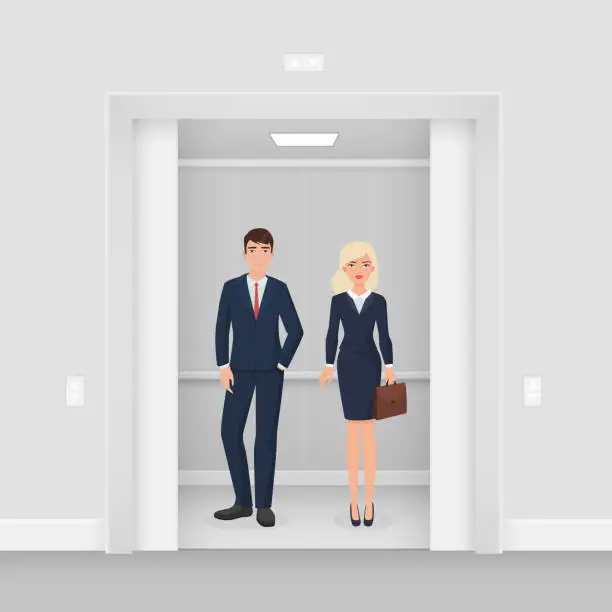 Vector illustration of Office business people couple in formal clothes suit staying together in modern elevator with open doors vector illustration.