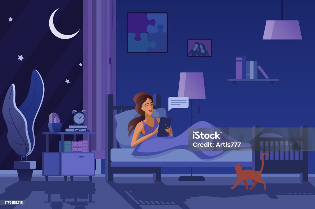 Young Woman Texting At Night Flat Vector Illustration Girl In Bed Sending  Messages Chatting Online Drawing Evening Room Interior Design Smiling  Female Cartoon Character Using Tablet Cat Sleeping Stock Illustration -  Download