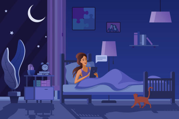 Young woman texting at night flat vector illustration. Girl in bed, sending messages, chatting online drawing. Evening room interior design. Smiling female cartoon character using tablet, cat sleeping. Young woman texting at night flat vector illustration. Girl in bed, sending messages, chatting online drawing. Evening room interior design. Smiling female cartoon character using tablet, cat sleeping. midnight illustrations stock illustrations