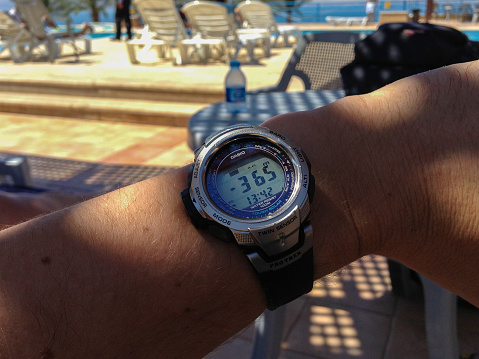 Dead Sea, Jordan - Sept 26, 2013: Tourist show Casio watch at dead sea where it is 365 meters under sea level. The dead sea is the earth most low elevation on land.