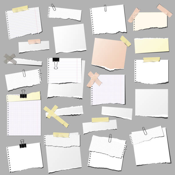 illustrations, cliparts, dessins animés et icônes de ensemble de note déchirée de papier, d'isolement sur le fond gris. - trombone papier