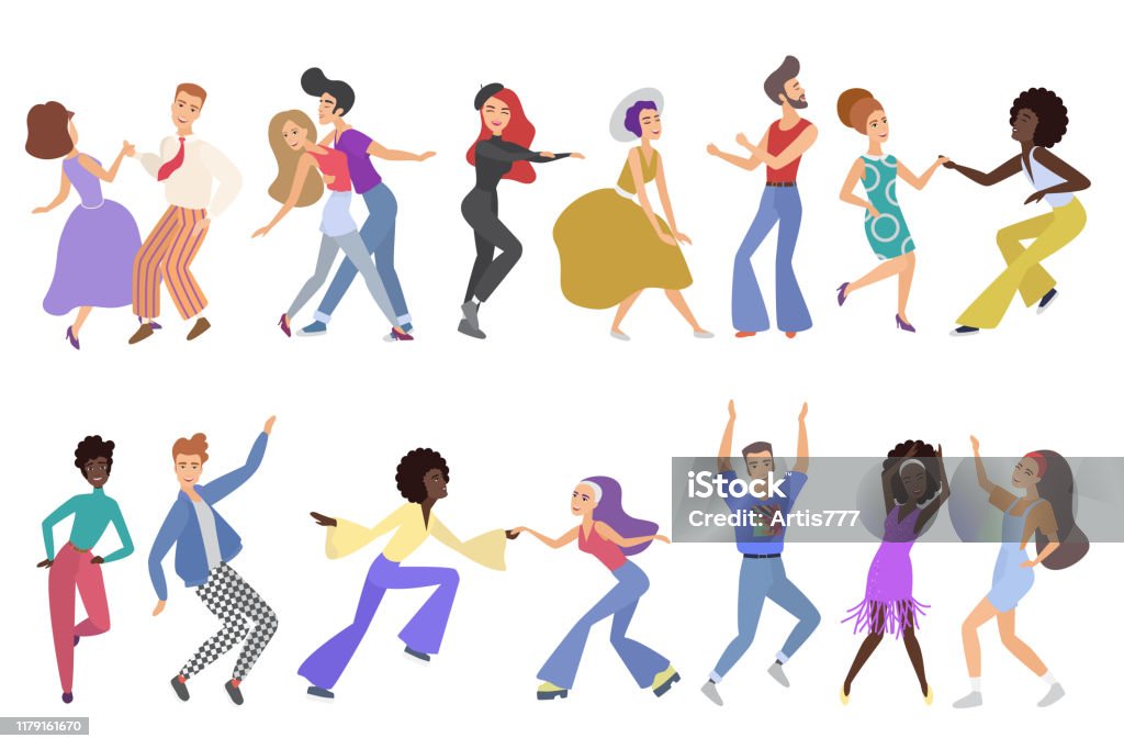 Vintage Cartoon Style Happy Pairs Of Dancers Isolated Men And Women  Performing Dance At Competition Club Dance School Studio Party Male And Female  Cartoon Characters Dancing Vector Illustration Stock Illustration - Download