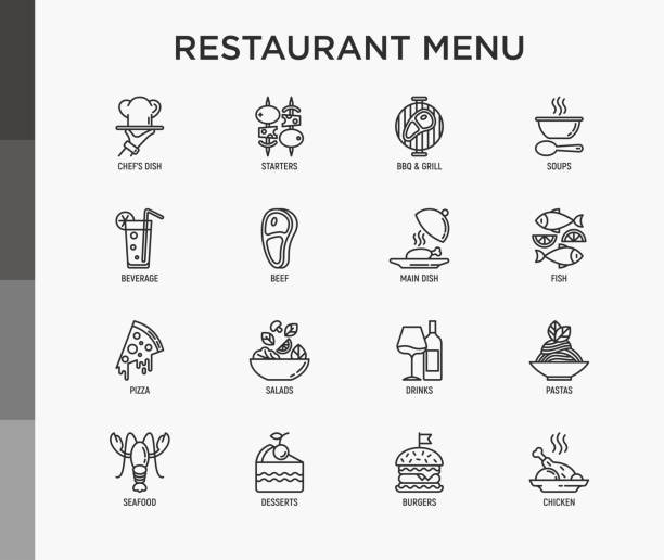 menu restauracji cienka linia ikony zestaw: przystawki, danie szefa kuchni, grill, zupa, wołowina, stek, napój, ryby, sałatka, pizza, wino, owoce morza, burger. nowoczesna ilustracja wektorowa. - steak food dinner meat stock illustrations