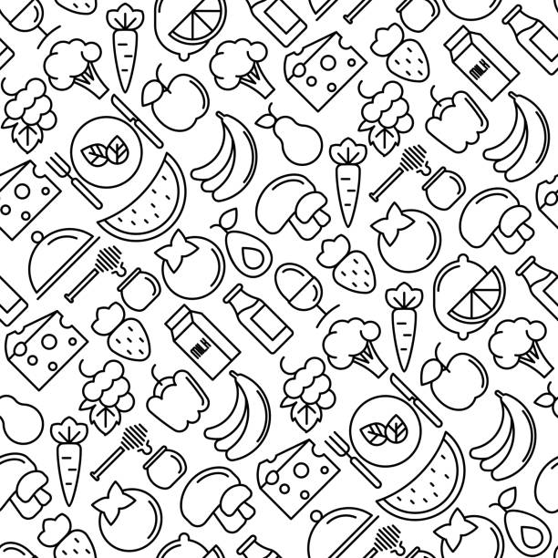 ilustrações de stock, clip art, desenhos animados e ícones de organic food seamless pattern with thin line icons of fresh natural products, vegetarian groceries. vector illustration for web site about healthy nutrition. - carrot seamless food vegetable