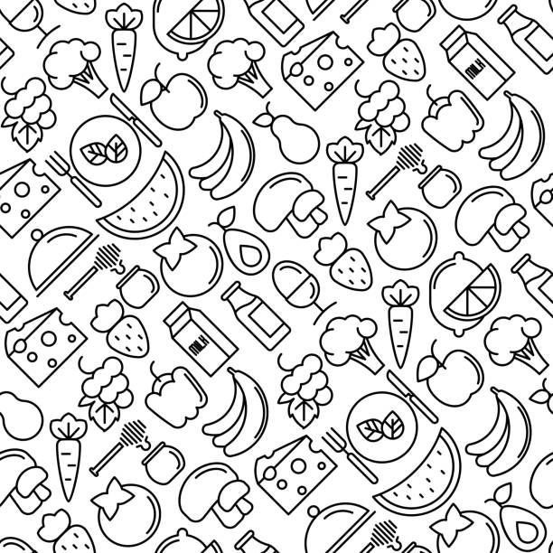 Organic food seamless pattern with thin line icons of fresh natural products, vegetarian groceries. Vector illustration for web site about healthy nutrition. vector art illustration