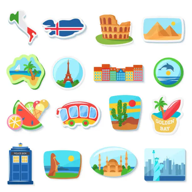 Vector illustration of Fridge magnets flat vector illustration. Abroad, foreign countries traveling souvenirs. Famous European landmarks and tourist attractions stickers vector cartoon illustration set.