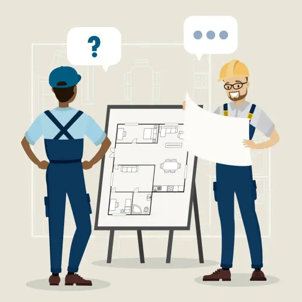 Vector illustration of Two people- african american worker and caucasian architect are talking, board with house plan or apartment scheme