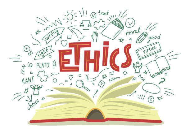 Ethics. Ethics. Open book with moral philosophy hand drawn doodles and lettering on white background. Education vector illustration. academic integrity stock illustrations
