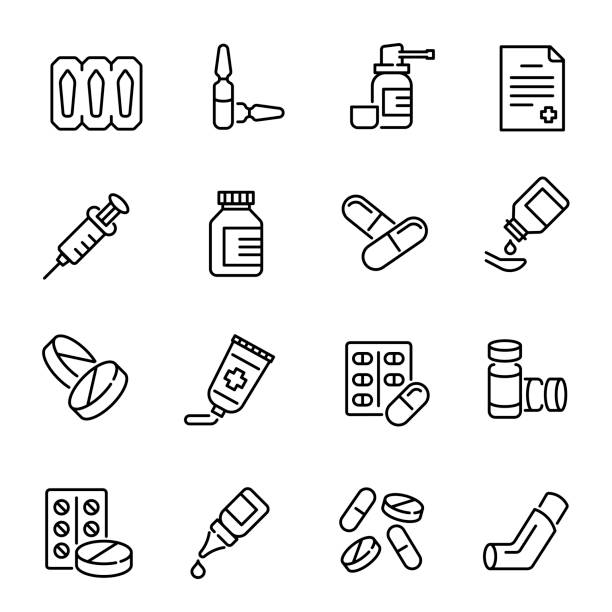 ilustrações, clipart, desenhos animados e ícones de medicamentos médicos, medicamentos vetor ícones lineares ajustados - symbol healthcare and medicine prescription icon set