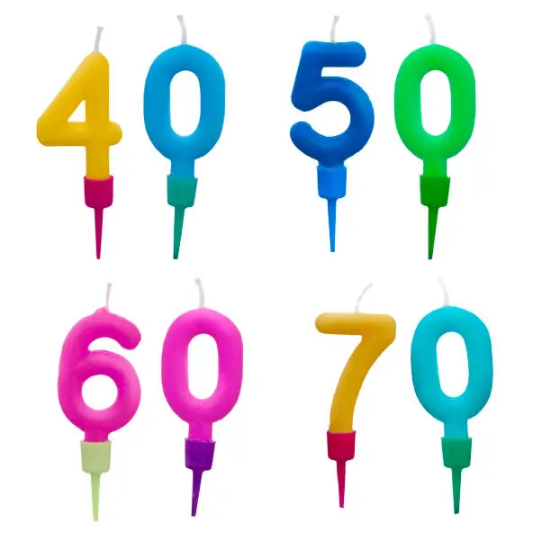 Wax birthday cake candles, numbers, isolated on white background. Forty, fifty, sixty or seventy years