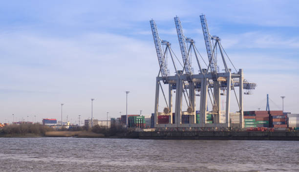 hamburg harbor with cranes - hamburg germany harbor cargo container commercial dock imagens e fotografias de stock