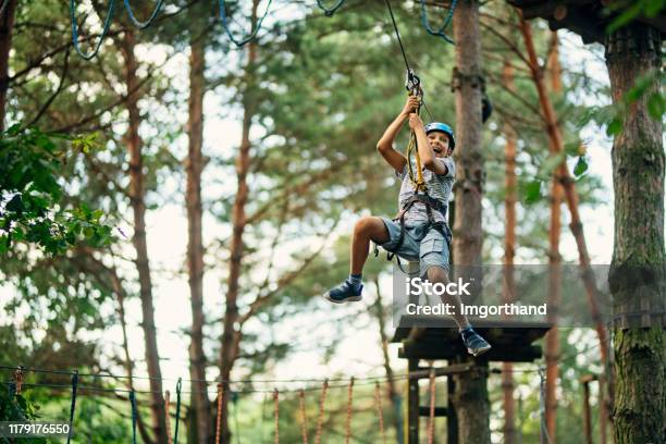 Little Boy Ziplining In Forest Stock Photo - Download Image Now - Zip Line, Child, Tyrolean Traverse