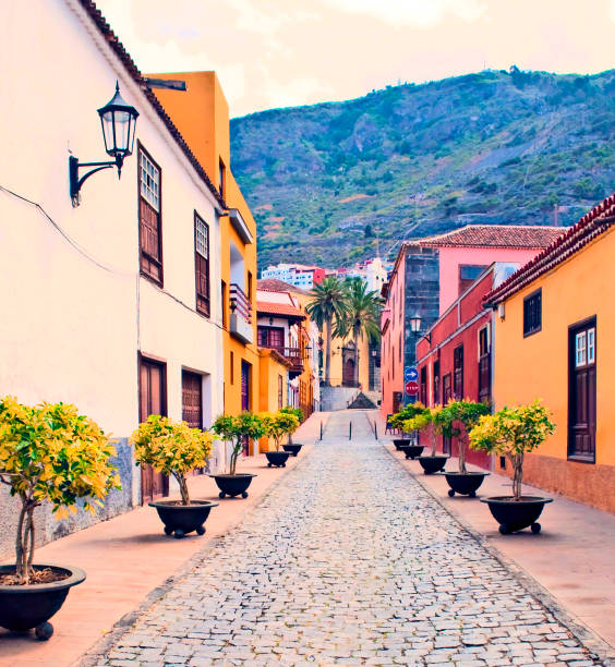 Town street Street of the spanish village of La Orotava in the Canary island in a sunny day. puerto de la cruz tenerife stock pictures, royalty-free photos & images