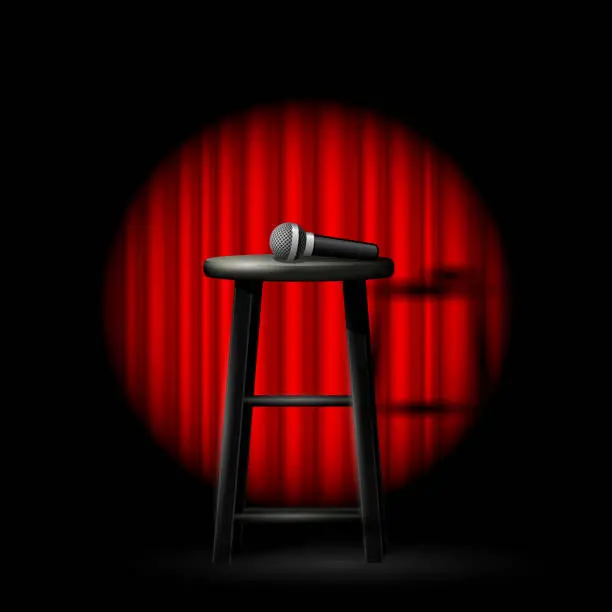 Vector illustration of Stand up comedy show - microphone and stool in ray of spotlight and drop-curtain