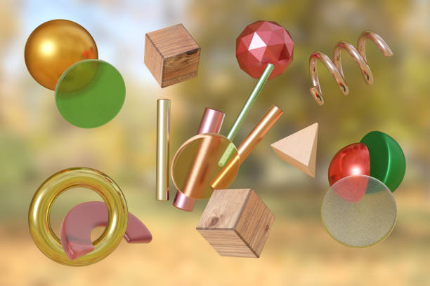 istock 3D rendering autumn abstract art illustration. Primitive geometric shapes fly on an fall background. Motion minimalistic design concept. 1179179296
