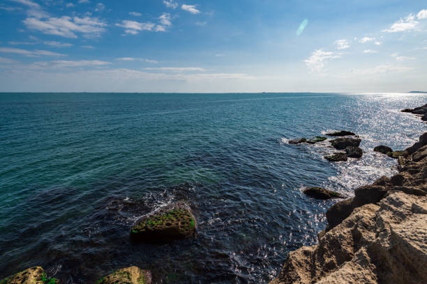 A beautiful scene of a sea shore in a cloudy day with a gray sky on the horizon